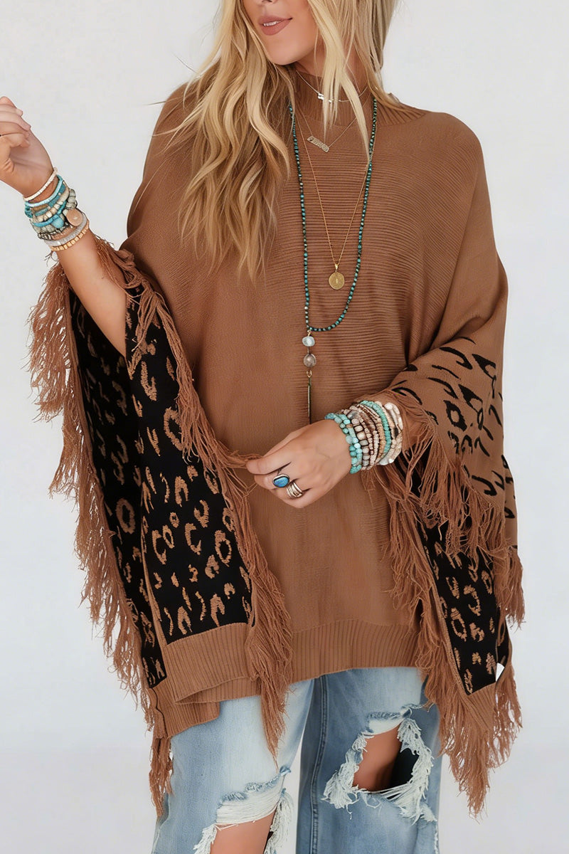 Fringe Leopard Detailed Oversized Sweater