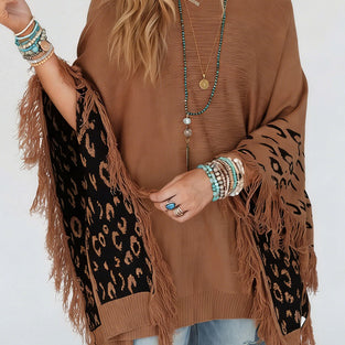 Fringe Leopard Detailed Oversized Sweater