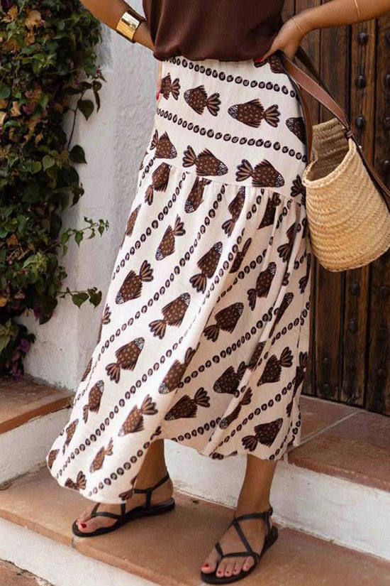 Fish Print Midi Skirt with Patterned Detail