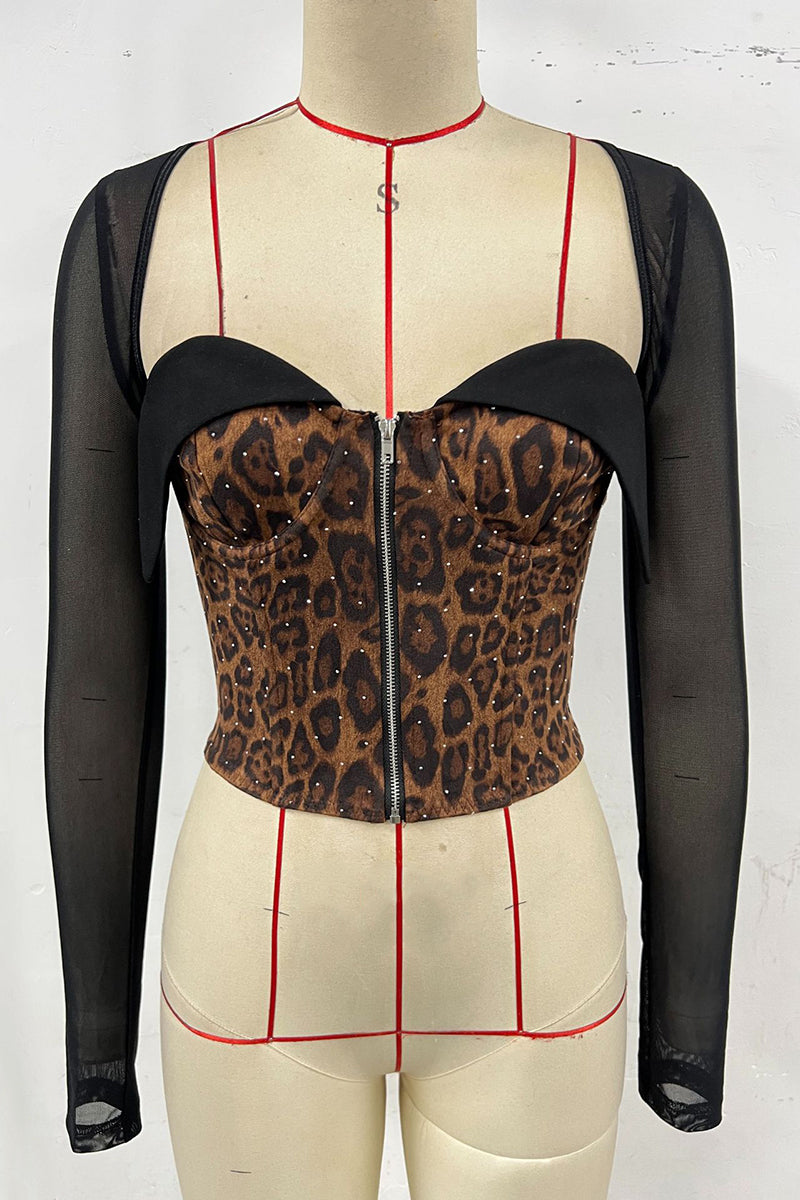 Leopard Print Sheer Sleeve Bodycon Top