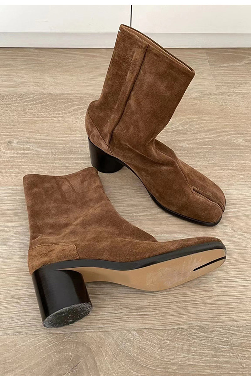 Split Toe Chunky Heel Ankle Boots