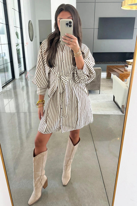 Stripe Knot Waist Puff Sleeve Mini Shirt Dress