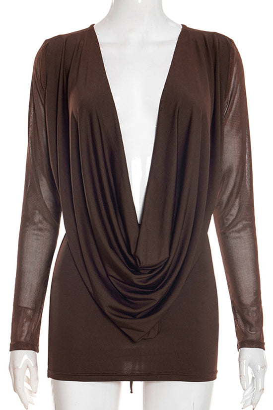 Draped Deep-V Long Sleeve Mini Dress