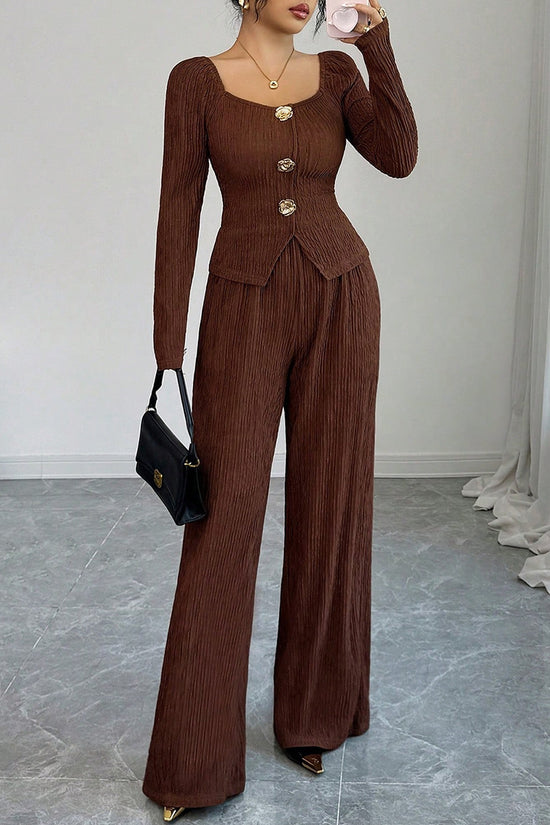 Textured Long Sleeve Buttoned Top and Pants Set