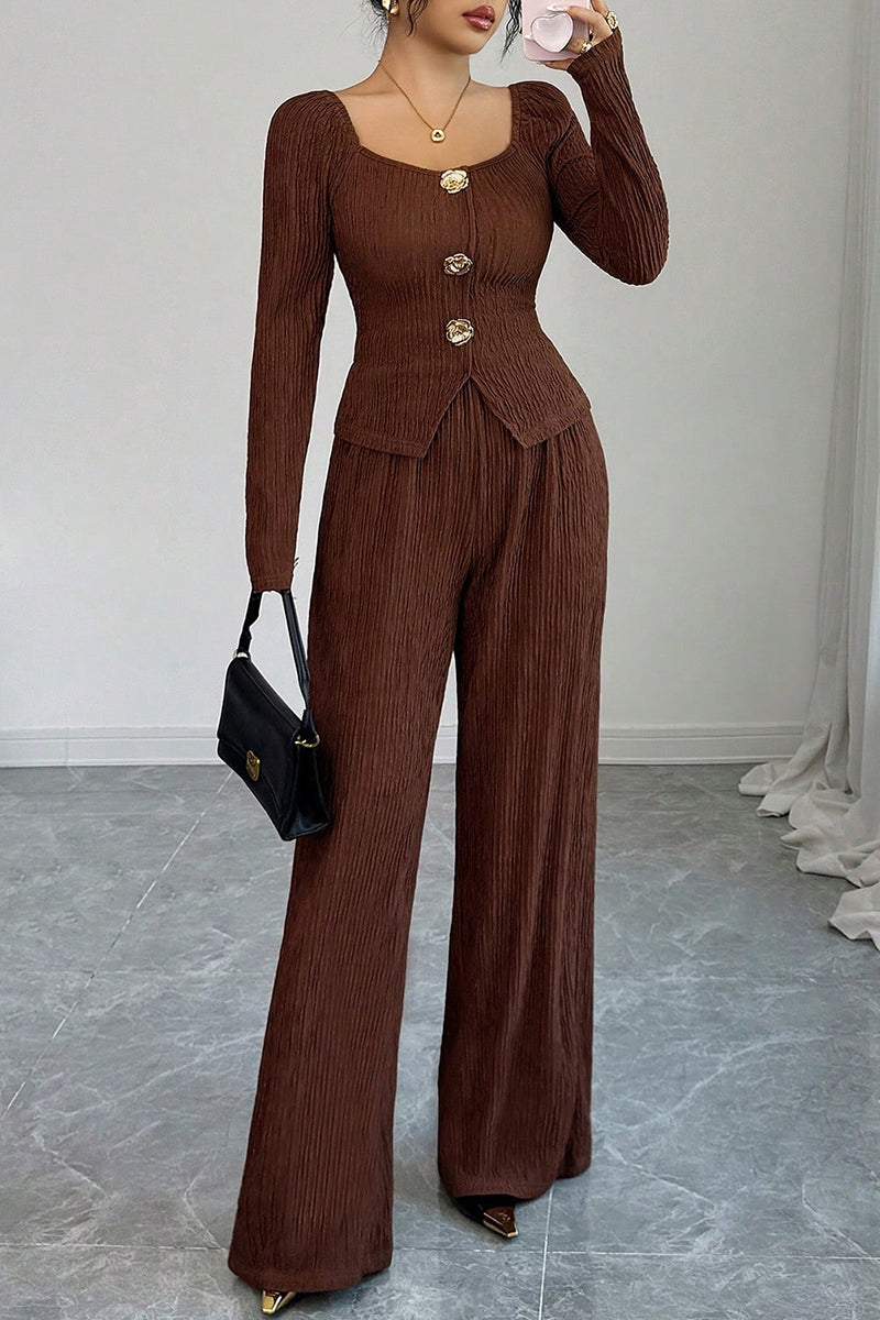 Textured Long Sleeve Buttoned Top and Pants Set