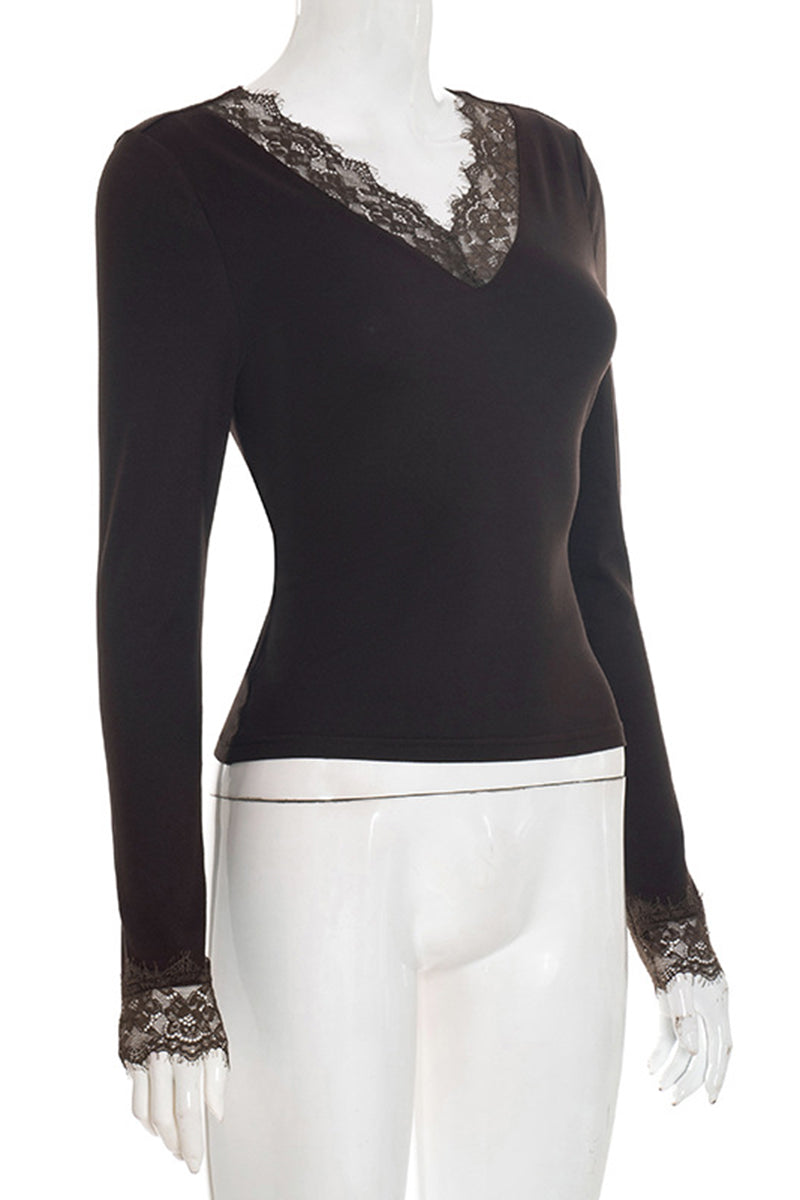 Lace Trim V-Neck Long Sleeve Top