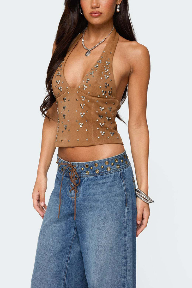 Studded Halter Neck Crop Top