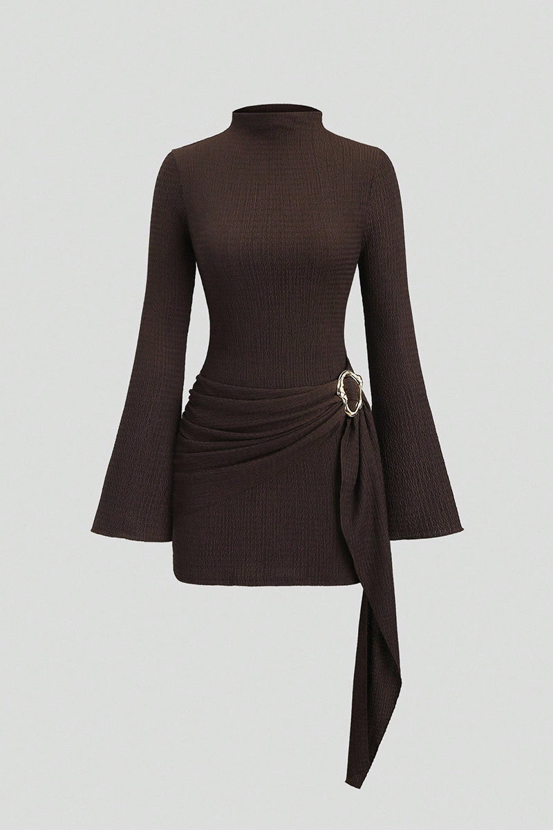 Belted High Neck Bell Sleeve Dress