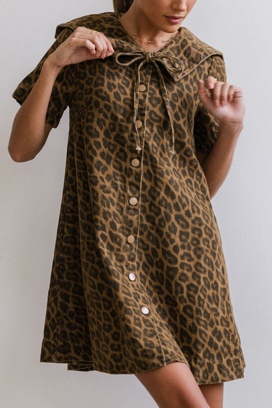 Animal Print Denim Dress with Collar