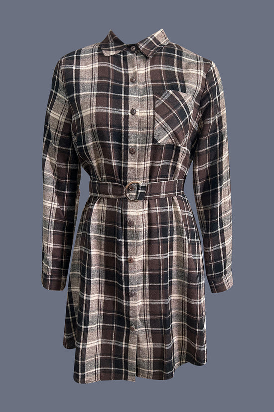 Belted Plaid Long Sleeve Shirt Dress