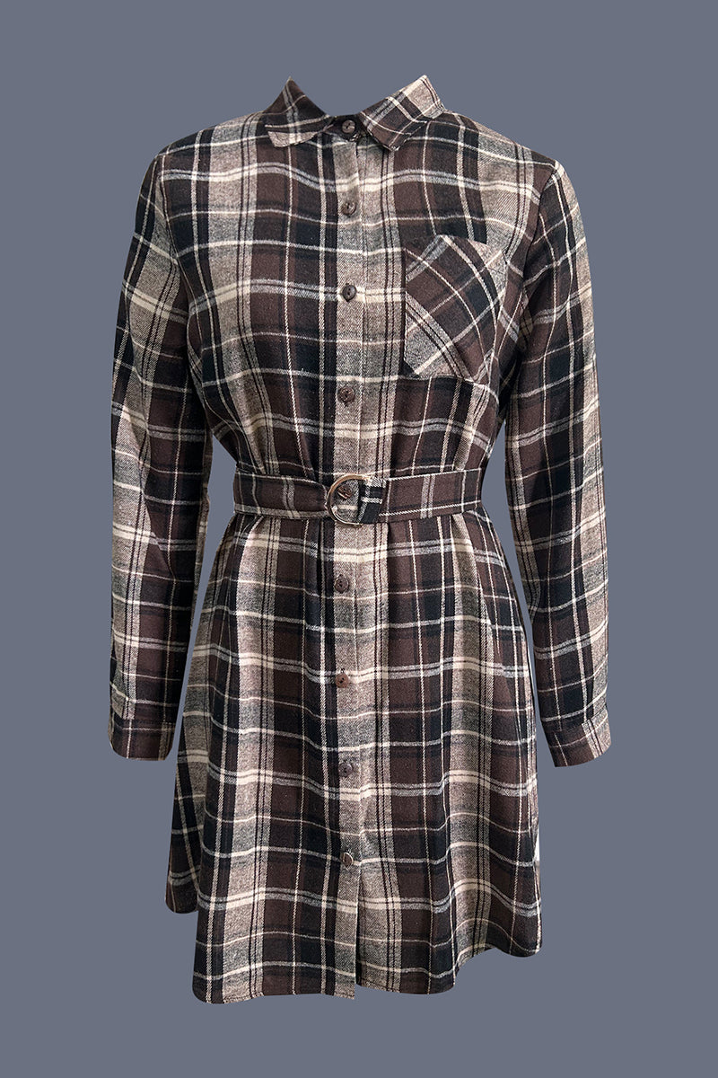 Belted Plaid Long Sleeve Shirt Dress