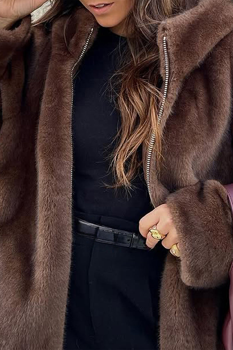 Hooded Faux Fur Zip-Up Coat
