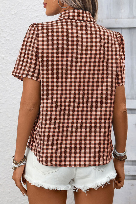 Checkered Short Sleeve Button-Up Blouse