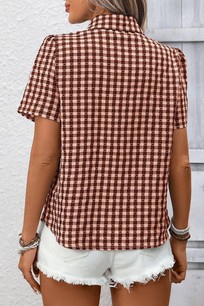 Checkered Short Sleeve Button-Up Blouse