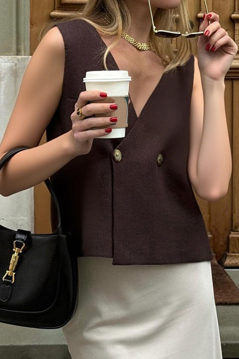 Double-Breasted V-Neck Sweater Vest