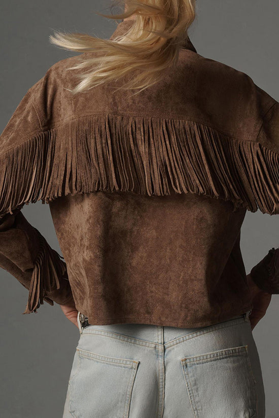Fringe Detail Button-Up Suede Jacket