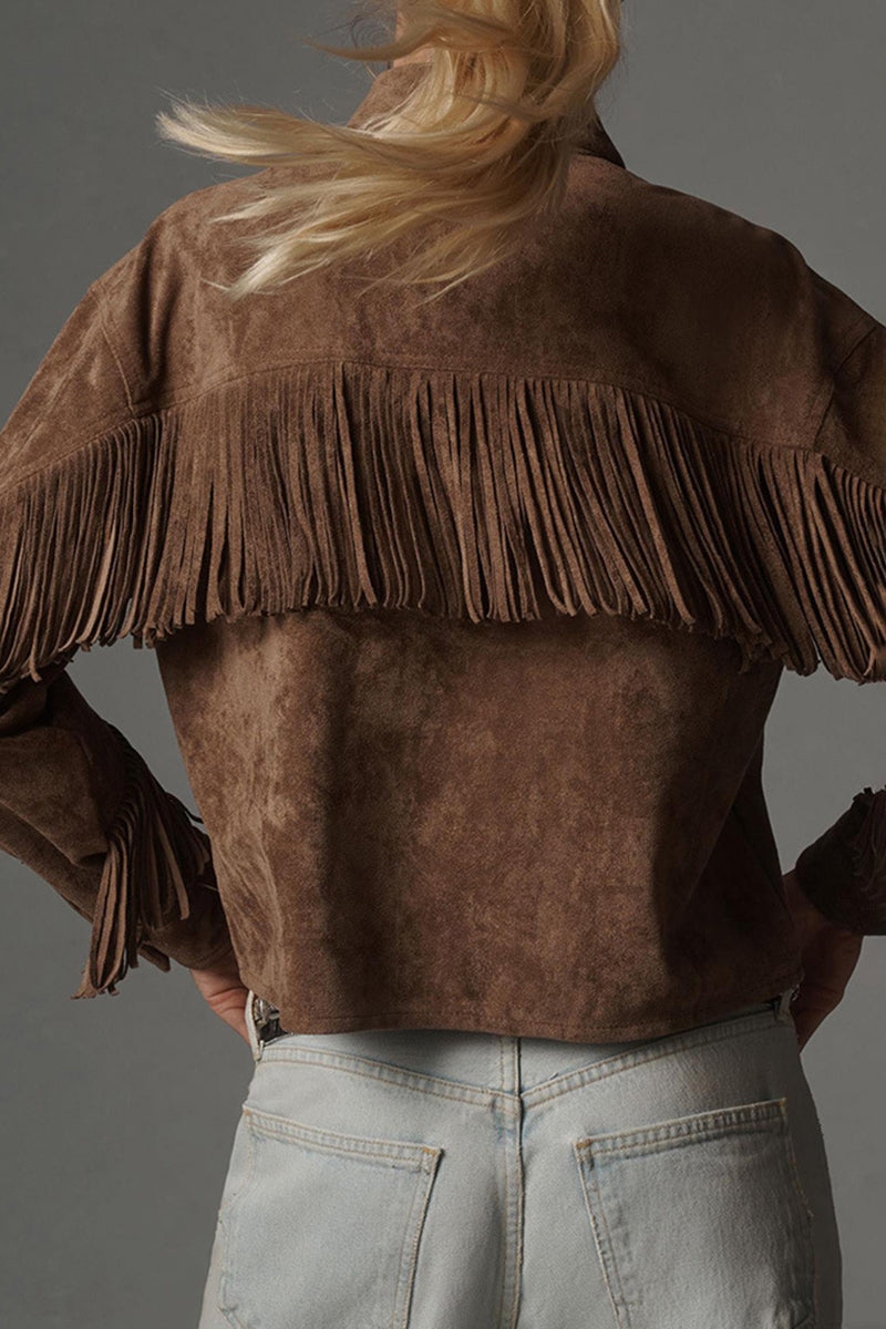 Fringe Detail Button-Up Suede Jacket
