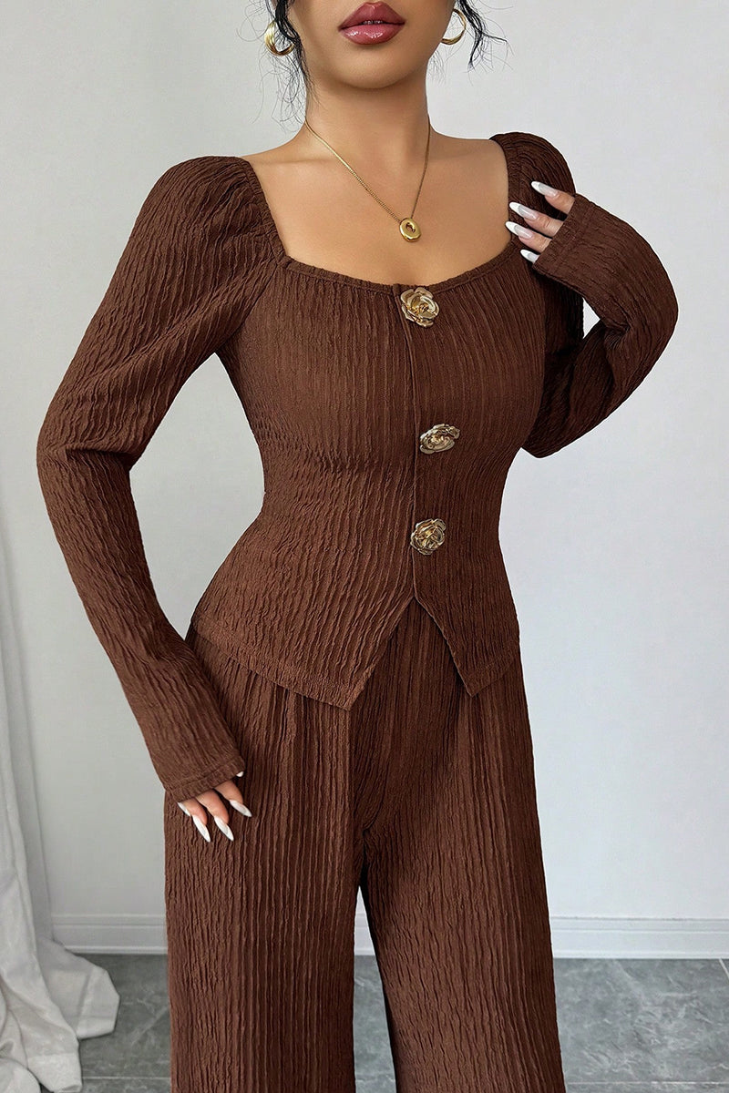 Textured Long Sleeve Buttoned Top and Pants Set