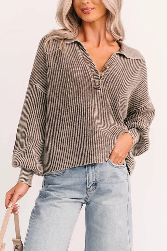 Collared Striped Button-Up Knit Top