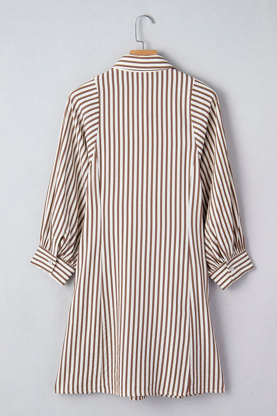 Stripe Knot Waist Puff Sleeve Mini Shirt Dress