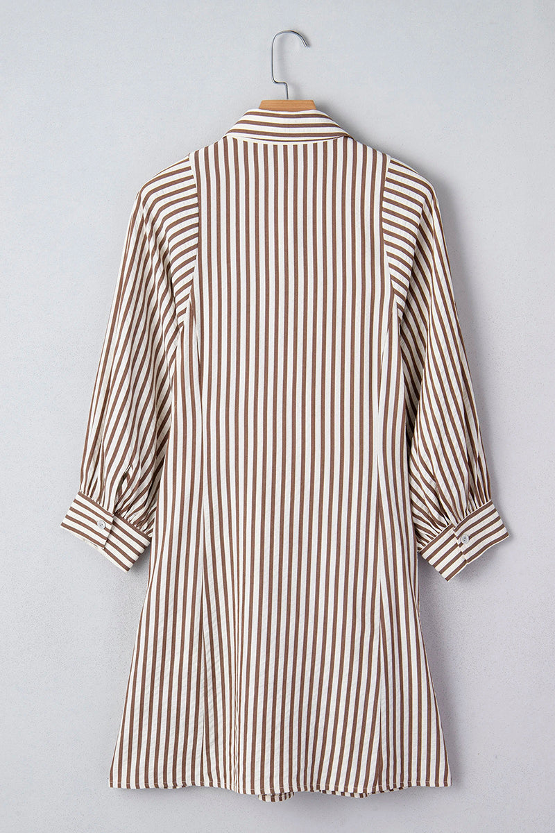 Stripe Knot Waist Puff Sleeve Mini Shirt Dress