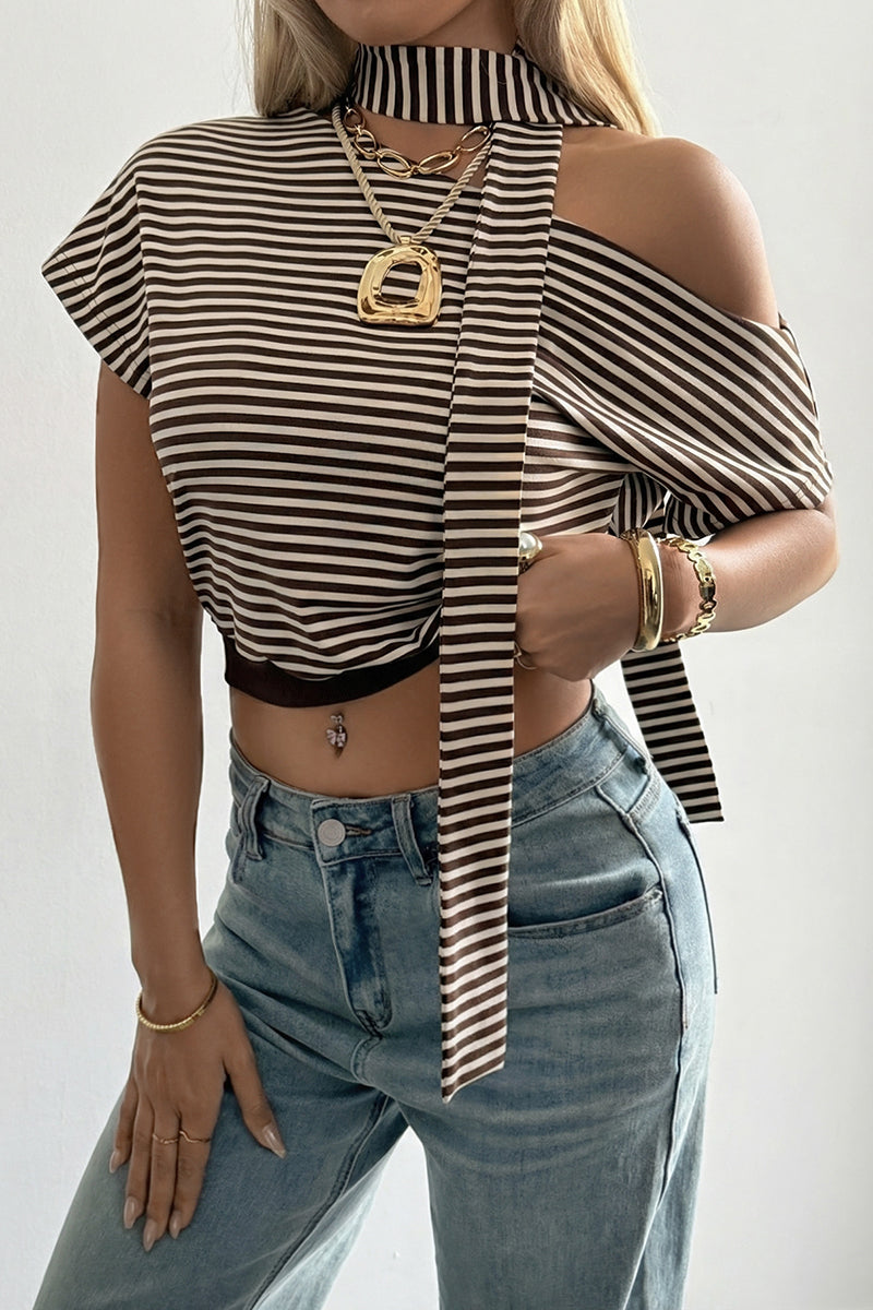 Striped Off-Shoulder Tie Detail Top