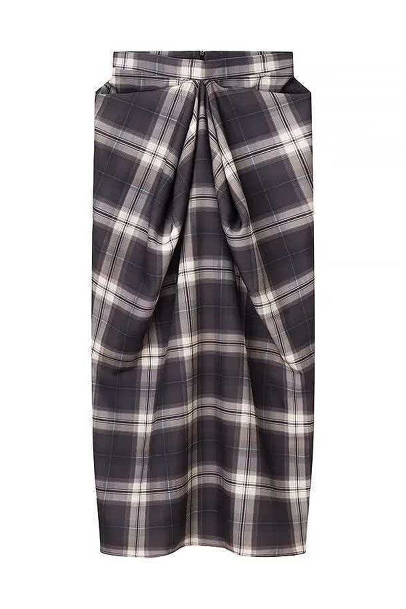 Draped Plaid Midi Skirt