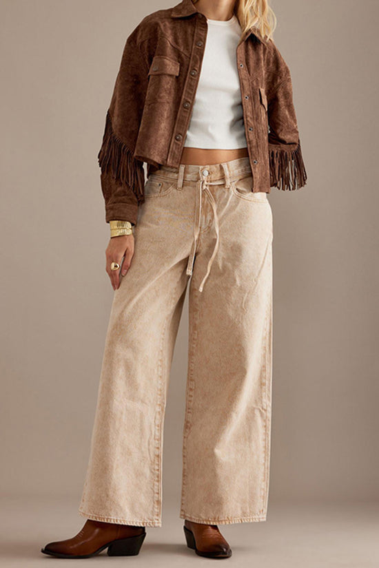 Fringe Detail Button-Up Suede Jacket