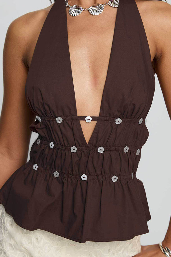 Embellished V-Neck Halter Peplum Top
