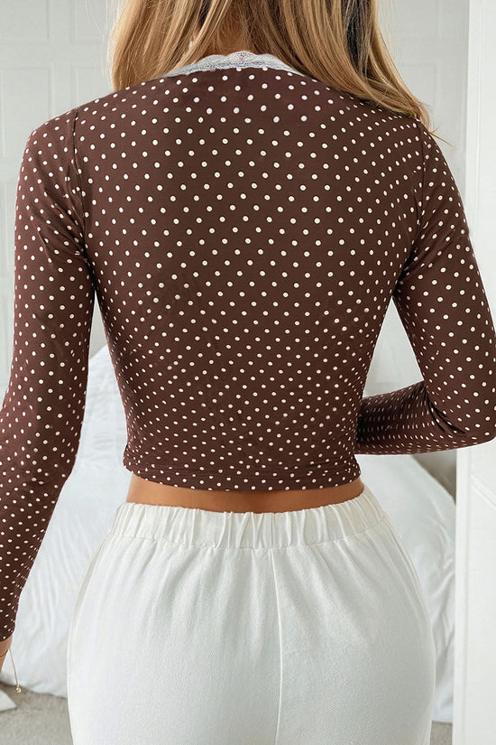Polka Dot Lace Trim Button-Up Top
