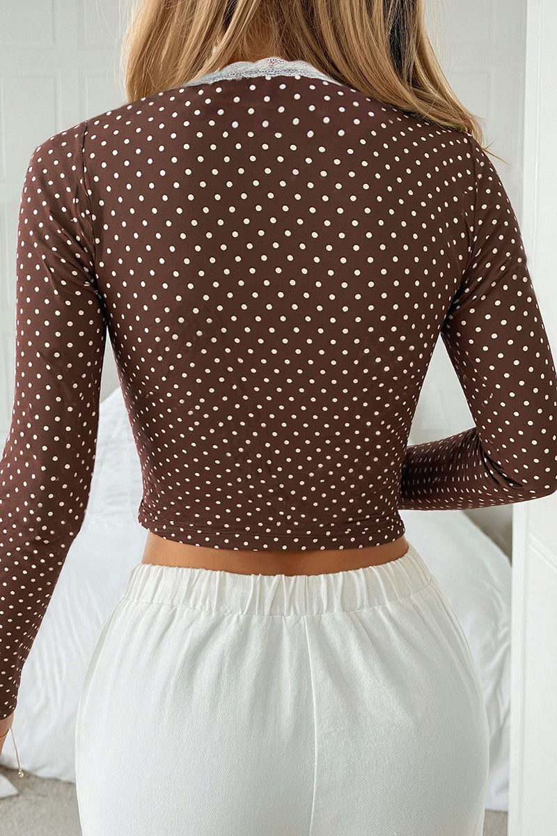 Polka Dot Lace Trim Button-Up Top