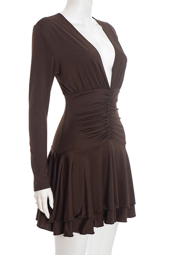 Plunge Neck Long Sleeve Ruffled Casual Dress