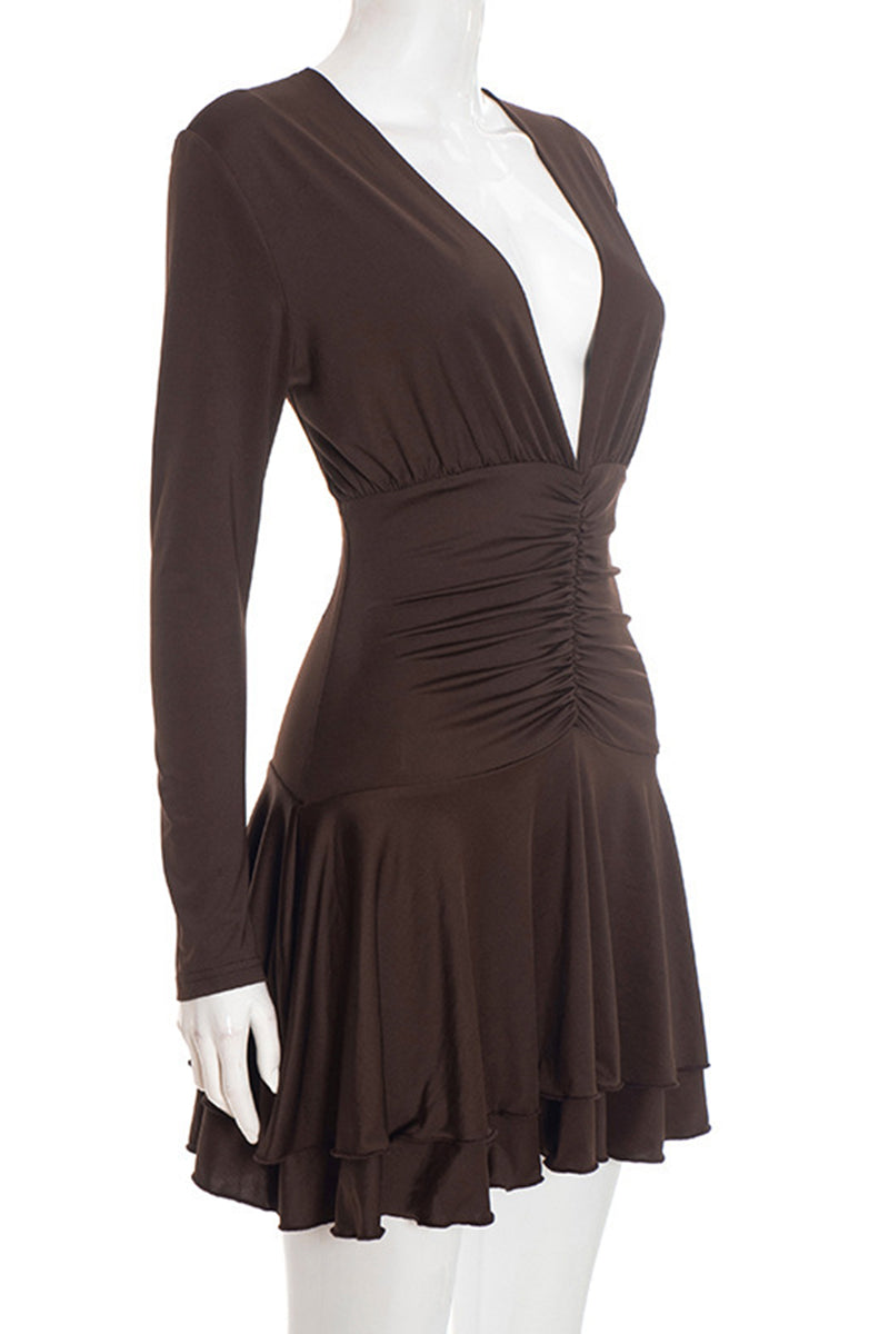 Plunge Neck Long Sleeve Ruffled Casual Dress