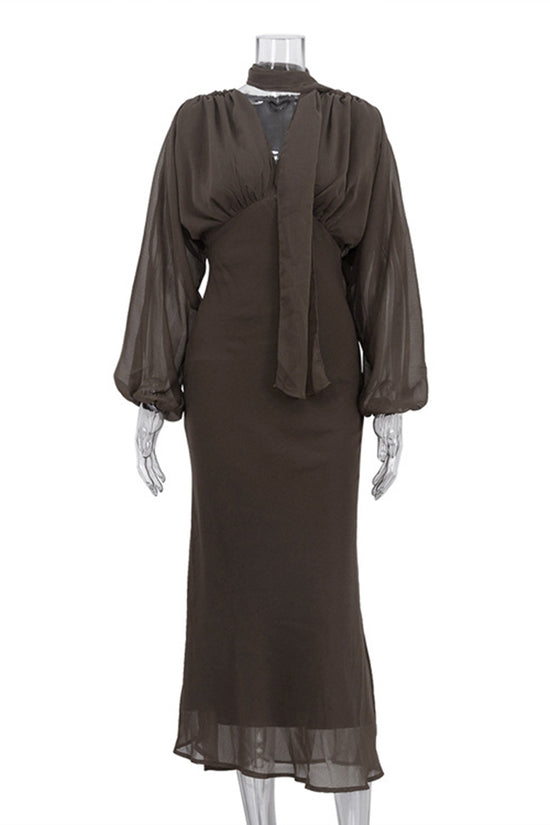 Elegant Chiffon Midi Dress with Tie Detail