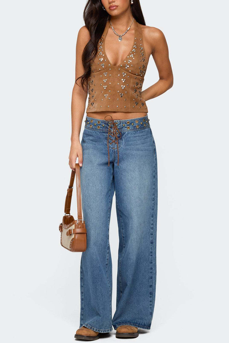 Studded Halter Neck Crop Top