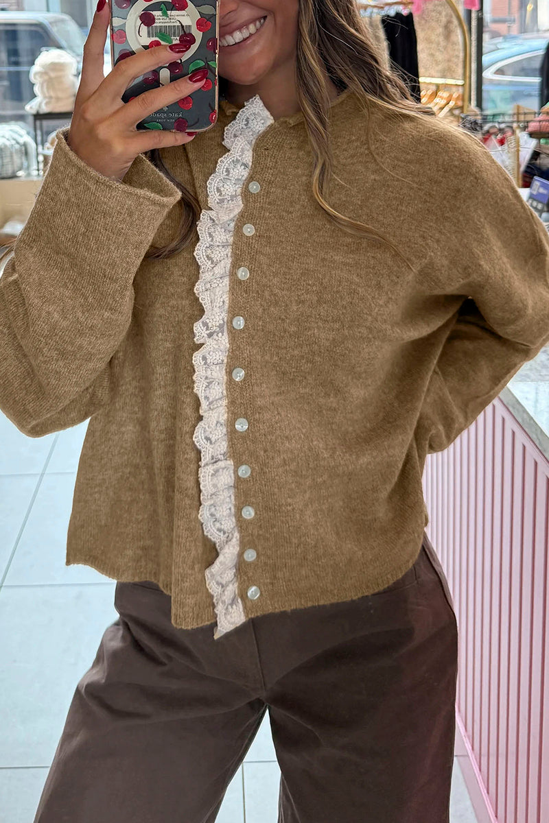 Contrast Frilled Lace Trim Loose Cardigan