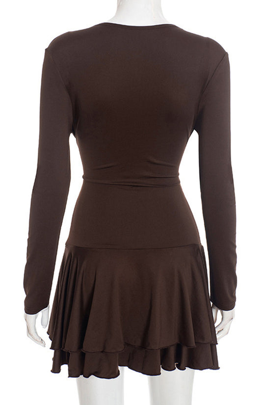 Plunge Neck Long Sleeve Ruffled Casual Dress