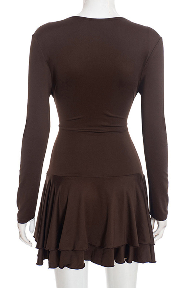 Plunge Neck Long Sleeve Ruffled Casual Dress