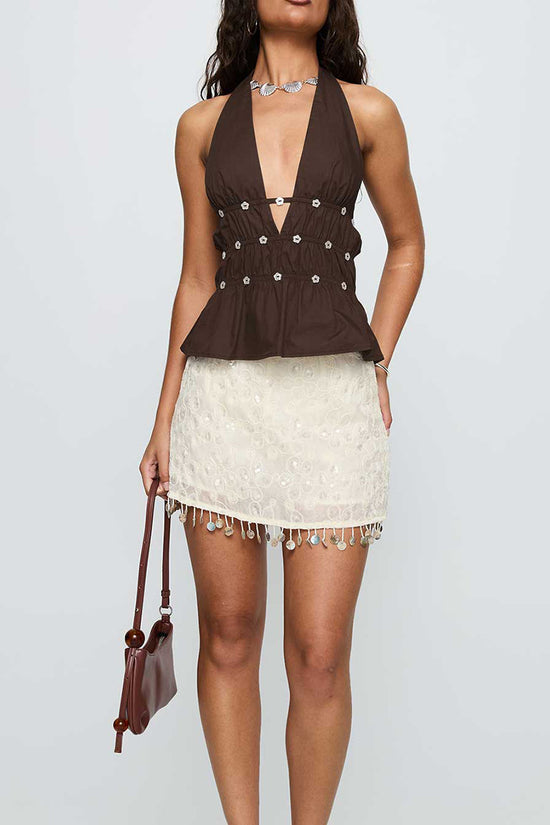 Embellished V-Neck Halter Peplum Top