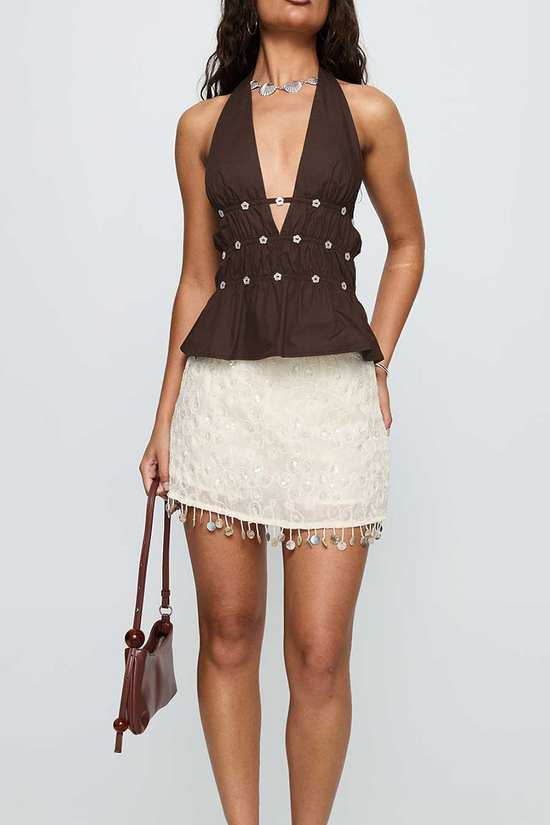 Embellished V-Neck Halter Peplum Top