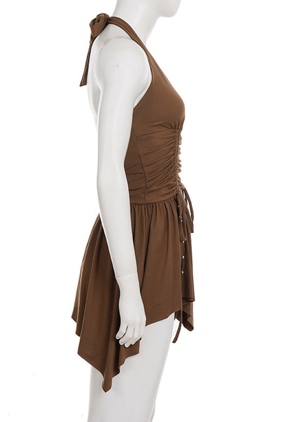 Ruched Halter Handkerchief Hem Dress