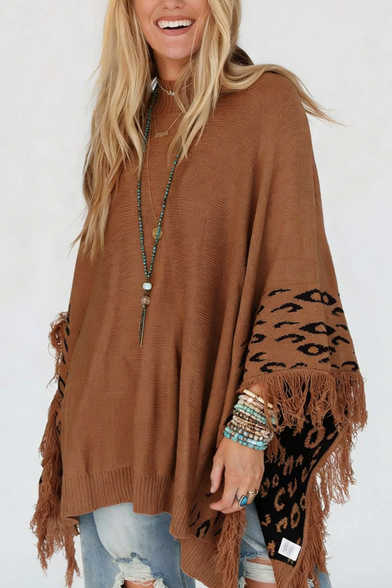 Fringe Leopard Detailed Oversized Sweater