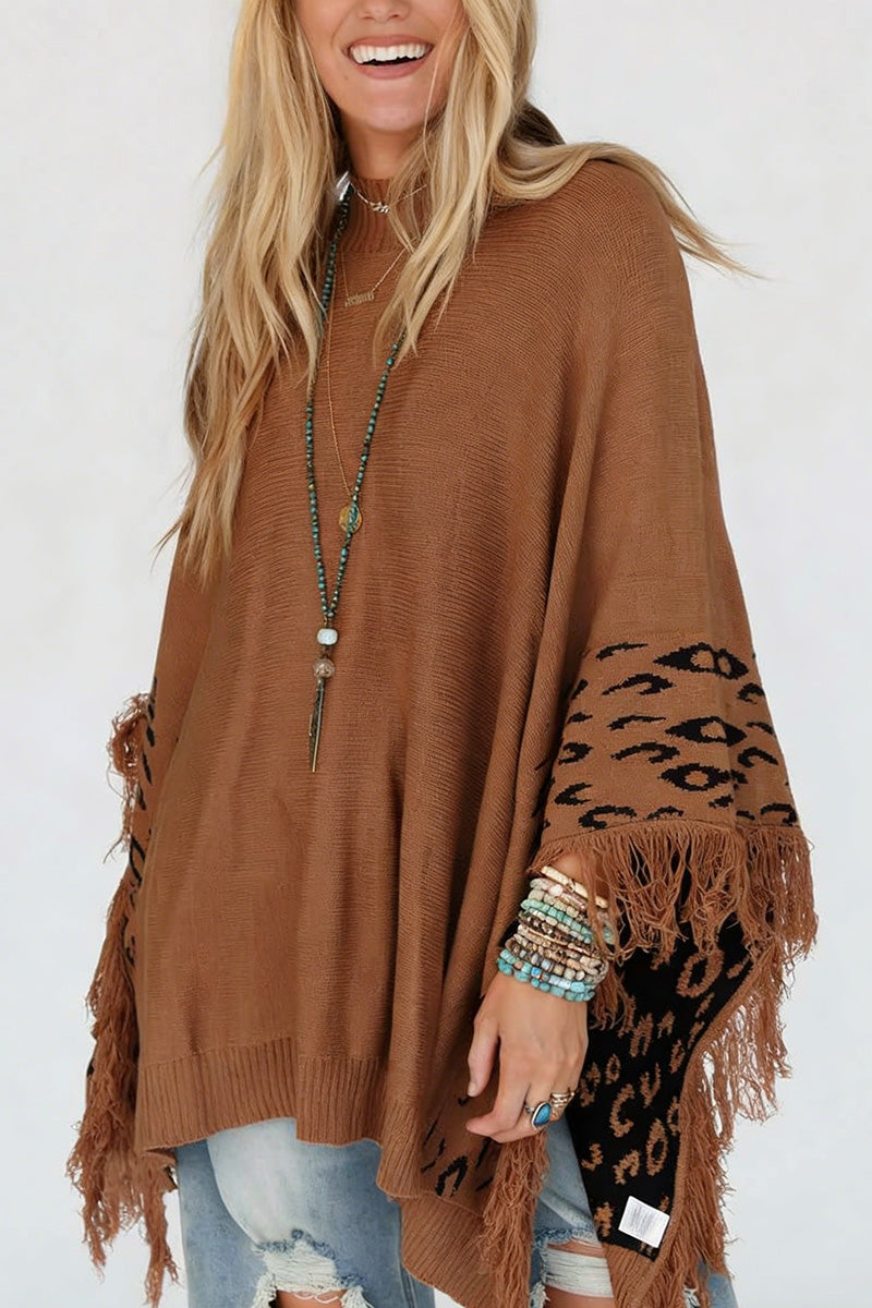 Fringe Leopard Detailed Oversized Sweater