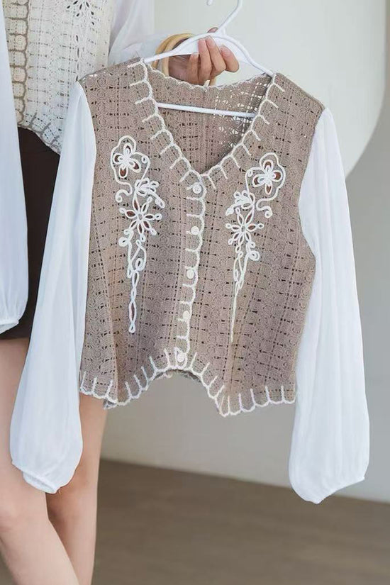 Vintage Sheer Sleeve Patchwork Blouse