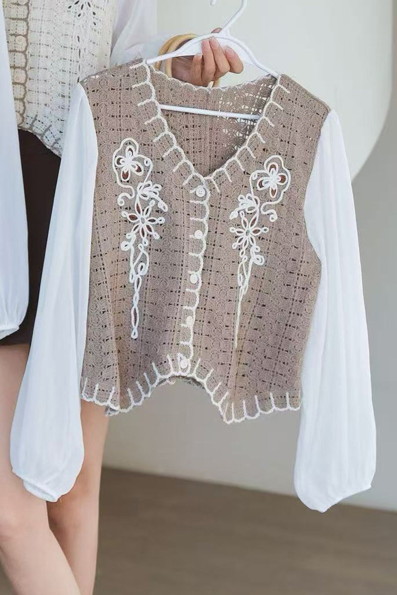 Vintage Sheer Sleeve Patchwork Blouse