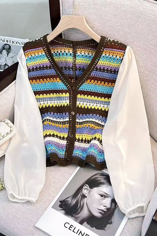 Vibrant Knit Cardigan with Sheer Sleeves