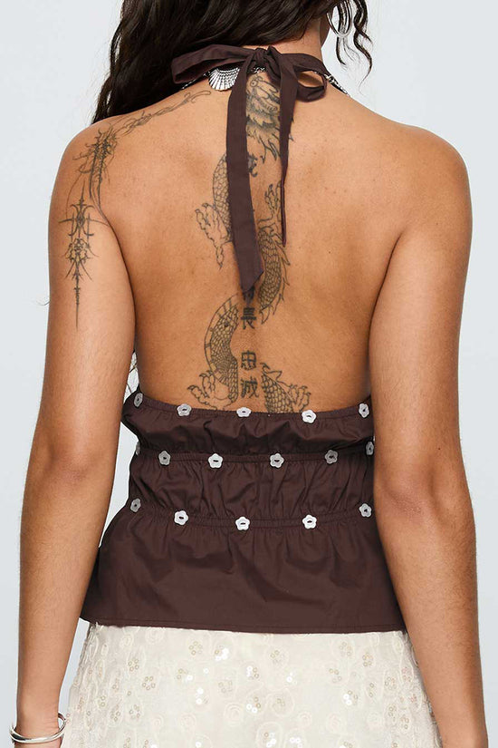 Embellished V-Neck Halter Peplum Top