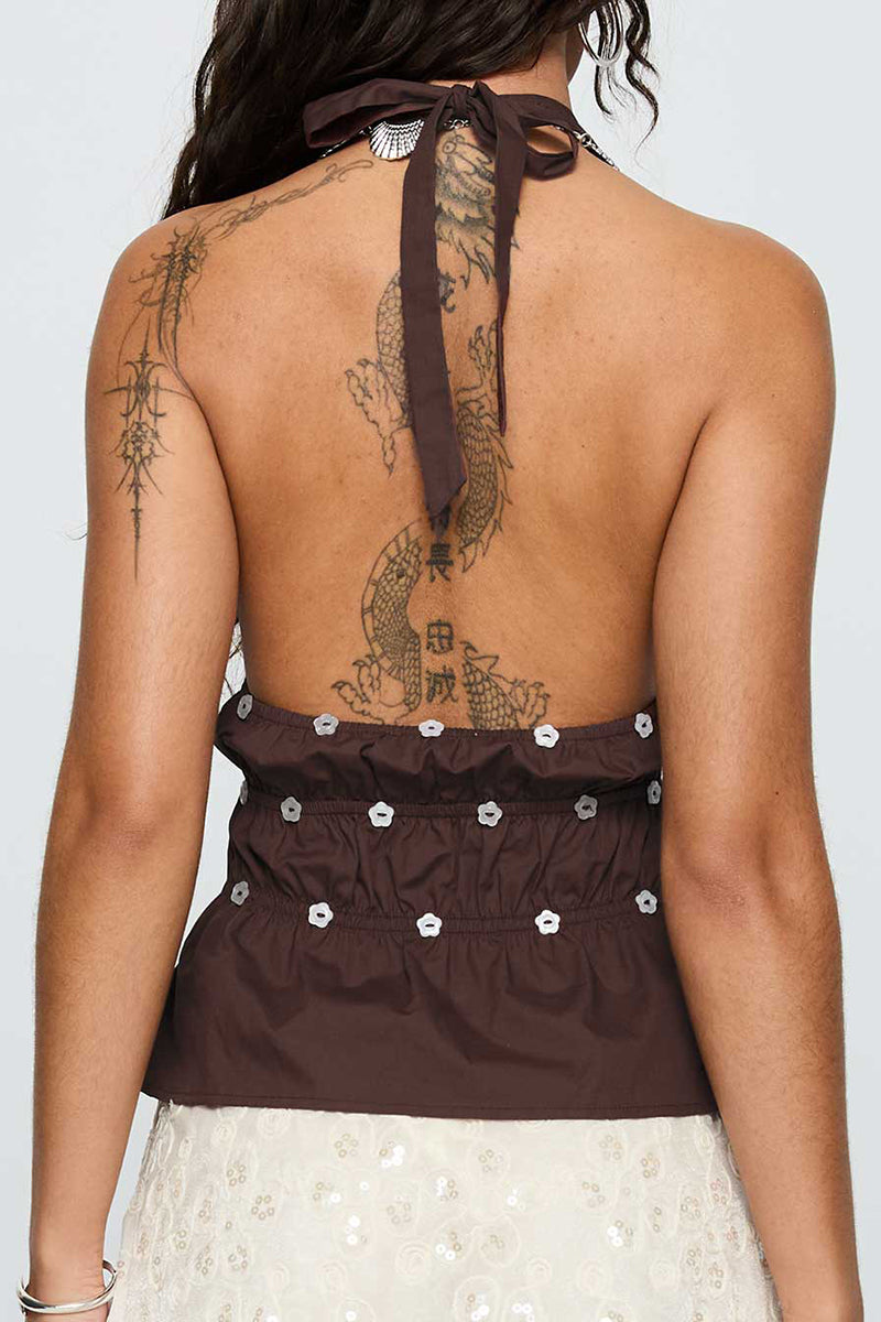 Embellished V-Neck Halter Peplum Top