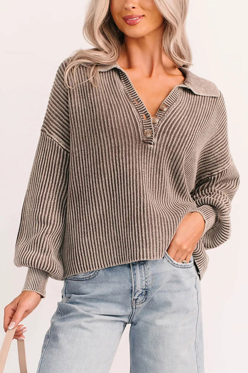 Collared Striped Button-Up Knit Top