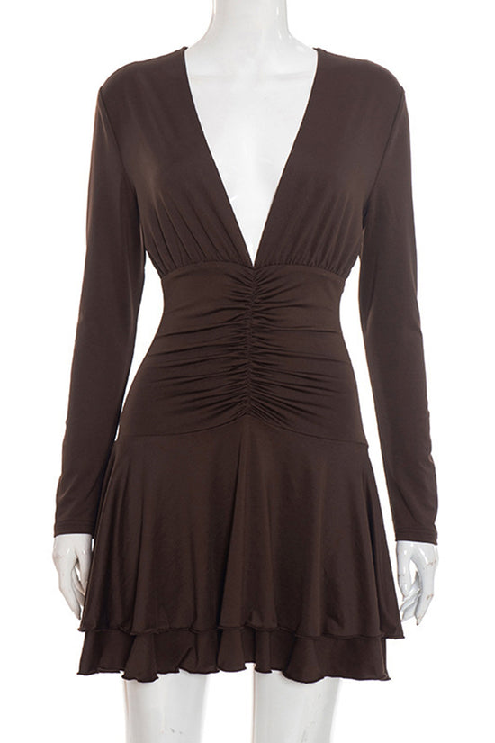 Plunge Neck Long Sleeve Ruffled Casual Dress